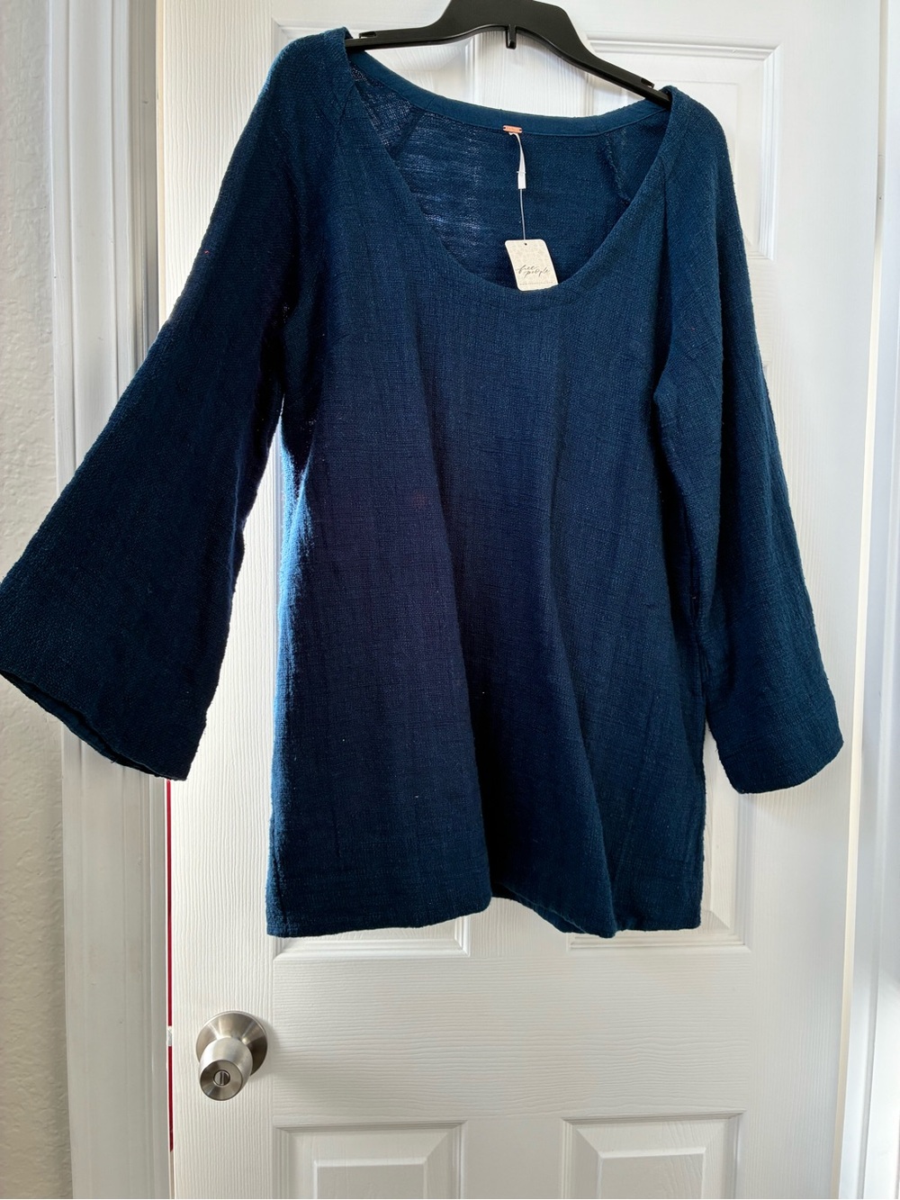 Free People Navy Blue V-Neck Raw Linen Tunic